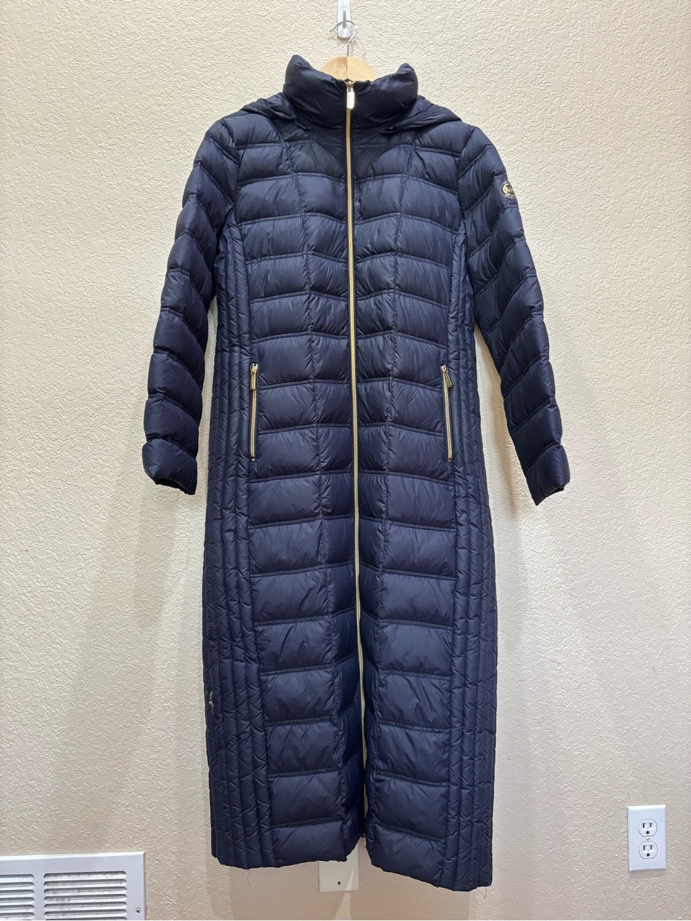MICHAEL KORS Long Packable Down Puffer Coat Navy Blue Gold Hardware Maxi XL